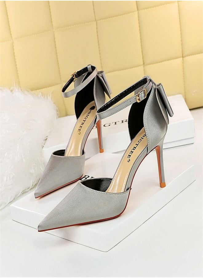 BIGTREE - Sweet Shallow Mouth Pointed Bow Thin High Heels 8CM Grey - Image 1