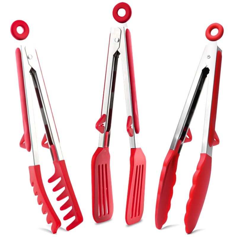 TOWINGO Kitchen Tongs, 9 Inch Tongs for Cooking with Silicone Tips, Food Grade Mini Serving Tong for Nonstick Pans, BBQ, Salad, Set of 3, Red - Image 1