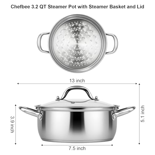 Chefbee Stainless Steel Steamer Pot - 3.2QT Steamer for Cooking with Food Basket, Steaming Cooking Pot Kitchen Cookware for Vegetable, Food, Dumplings, Soup - Image 3
