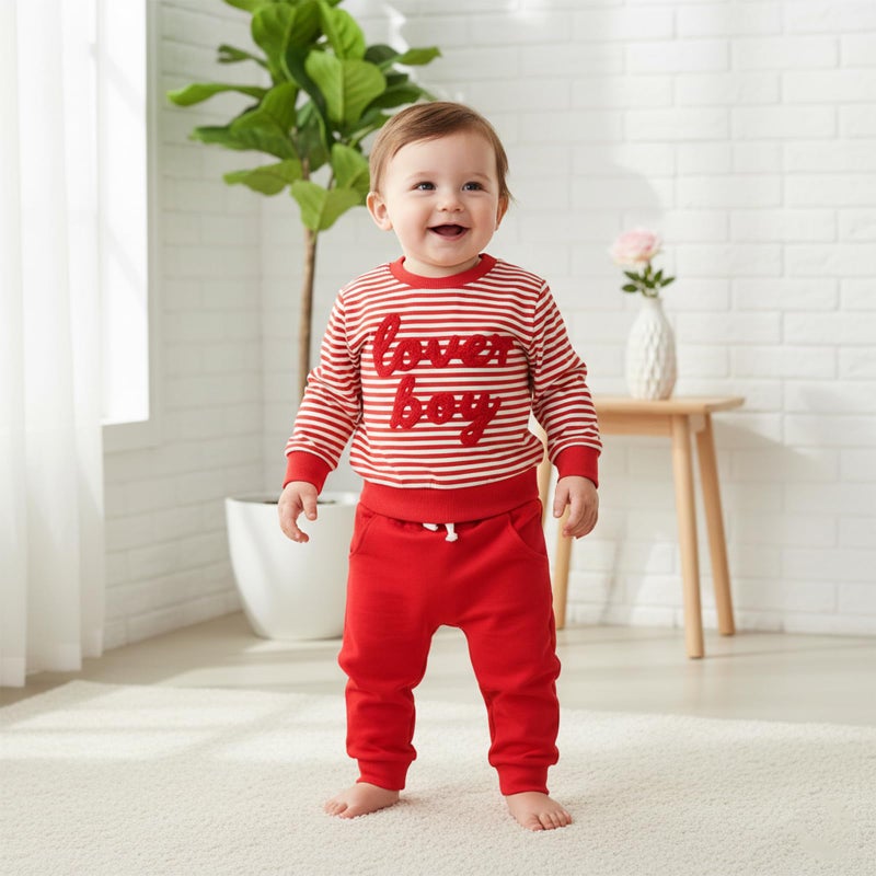 Socutebabe Baby Boy Valentines Day Outfit Winter Clothes Little Love Long Sleeve Sweatshirts Pants Toddler Infant Clothing (Red, 3-6 Months) - Image 5