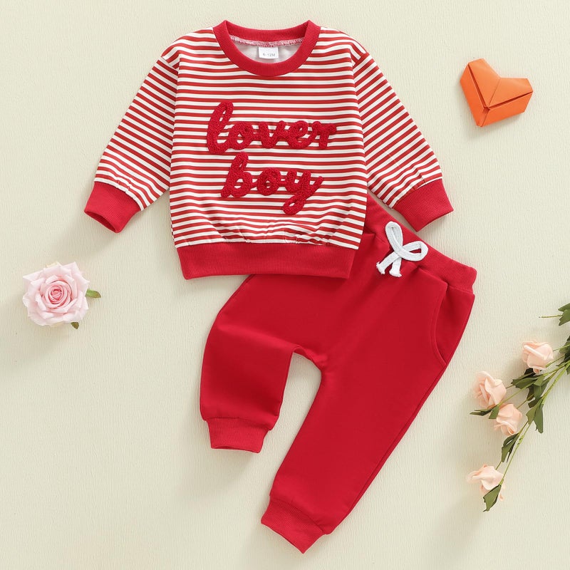 Socutebabe Baby Boy Valentines Day Outfit Winter Clothes Little Love Long Sleeve Sweatshirts Pants Toddler Infant Clothing (Red, 3-6 Months) - Image 2