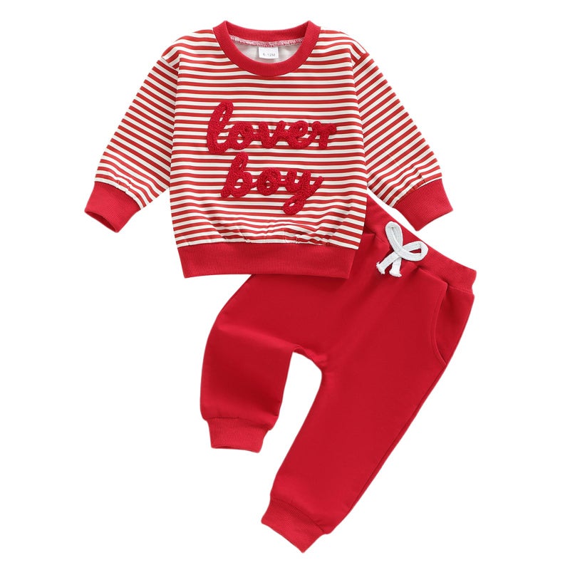 Socutebabe Baby Boy Valentines Day Outfit Winter Clothes Little Love Long Sleeve Sweatshirts Pants Toddler Infant Clothing (Red, 3-6 Months) - Image 1