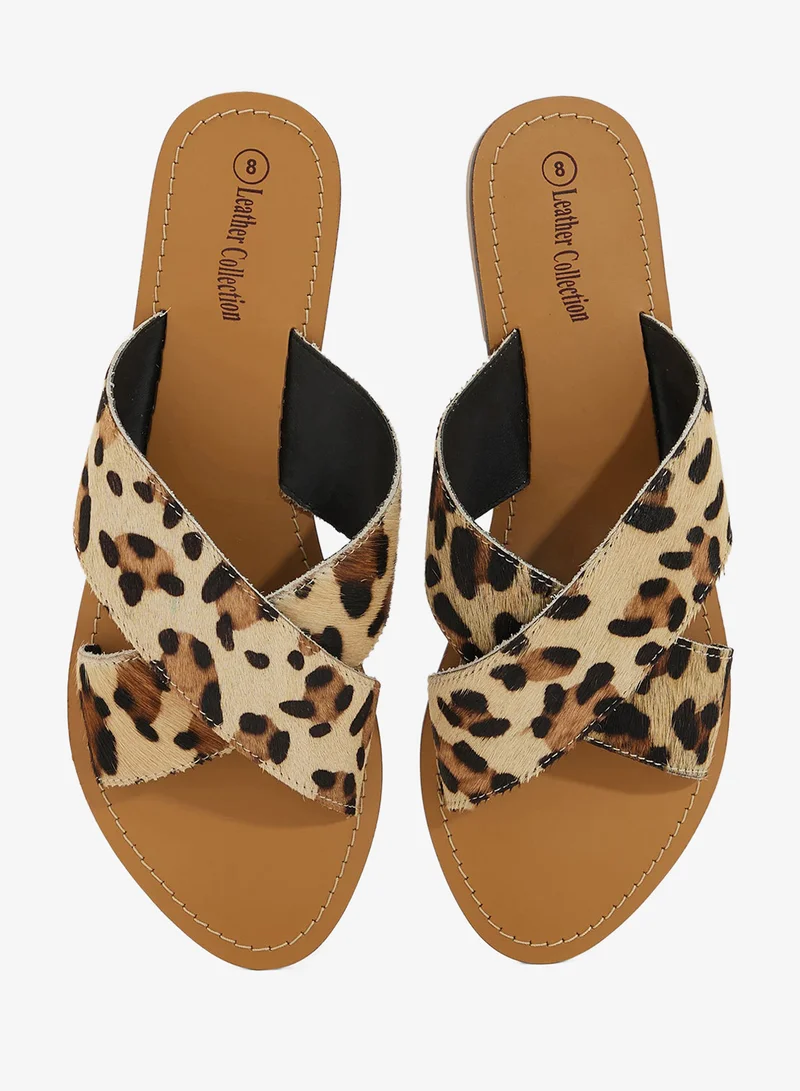Leather Collection leopard Printed Cross Strap Flat Sandal for Women | Best Price UAE