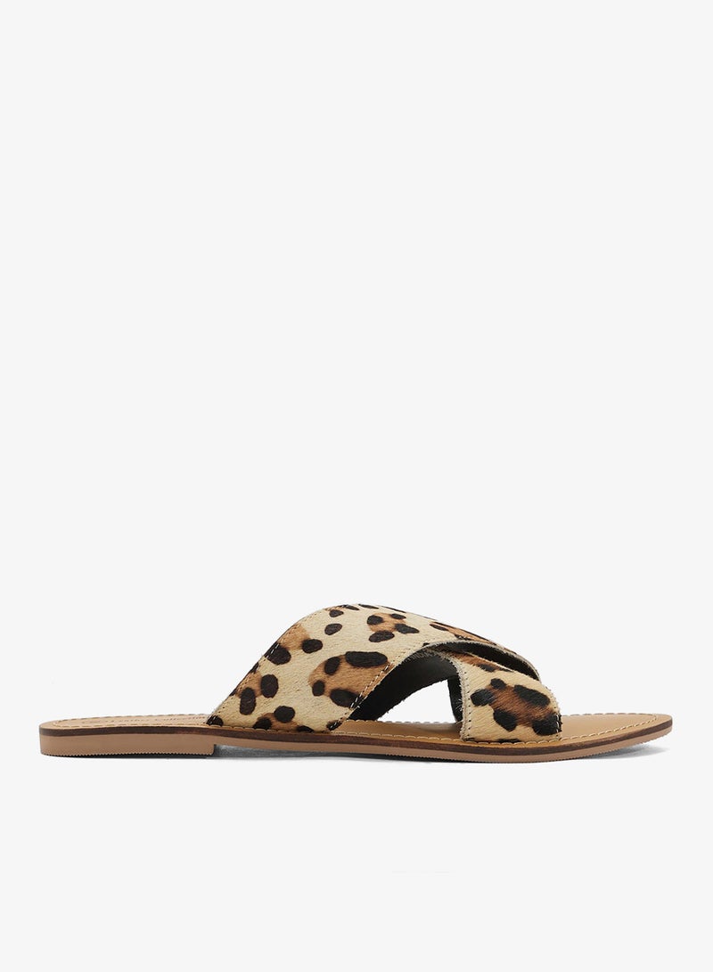 LEATHER COLLECTION Printed Cross Strap Flat Sandal - Image 1
