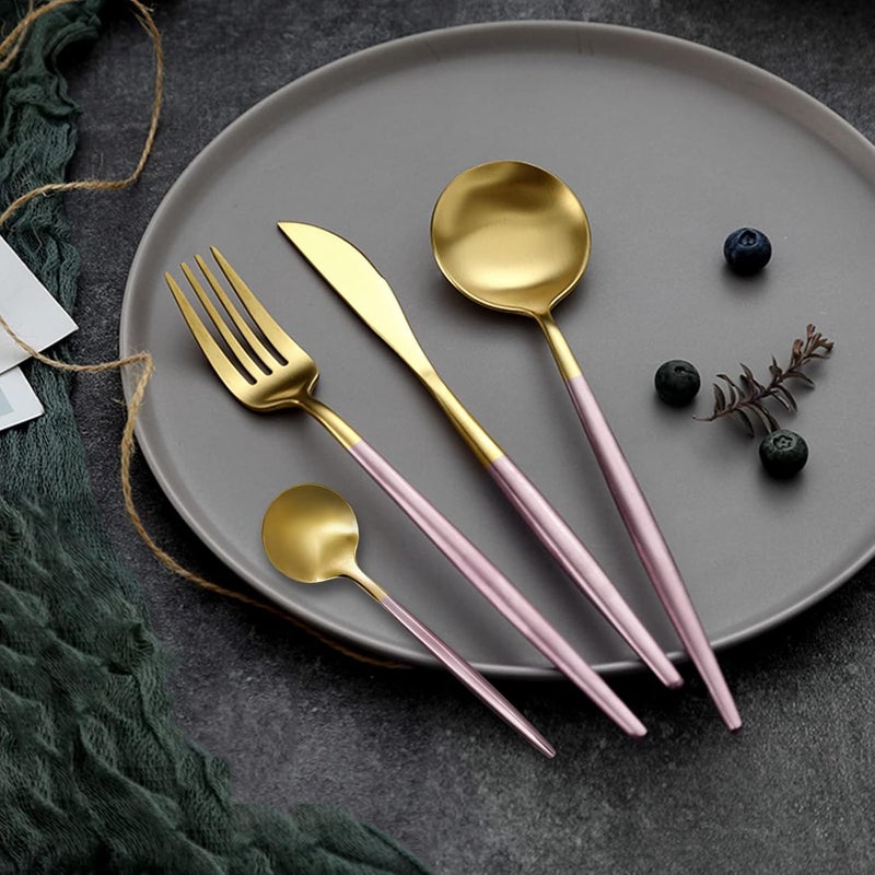 Luxurious Gold 24-Piece Cutlery Set, Stainless Steel for 6 Persons, Includes Knives, Forks and Spoons, Dishwasher Safe, With High Quality Pink Rubber Coating (Pink) - Image 2