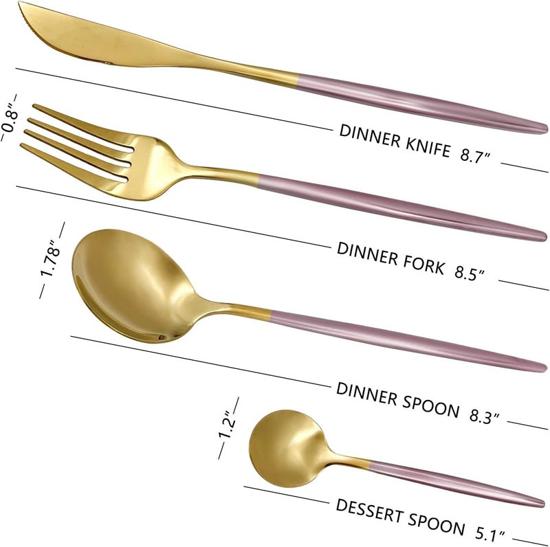 Luxurious Gold 24-Piece Cutlery Set, Stainless Steel for 6 Persons, Includes Knives, Forks and Spoons, Dishwasher Safe, With High Quality Pink Rubber Coating (Pink) - Image 5