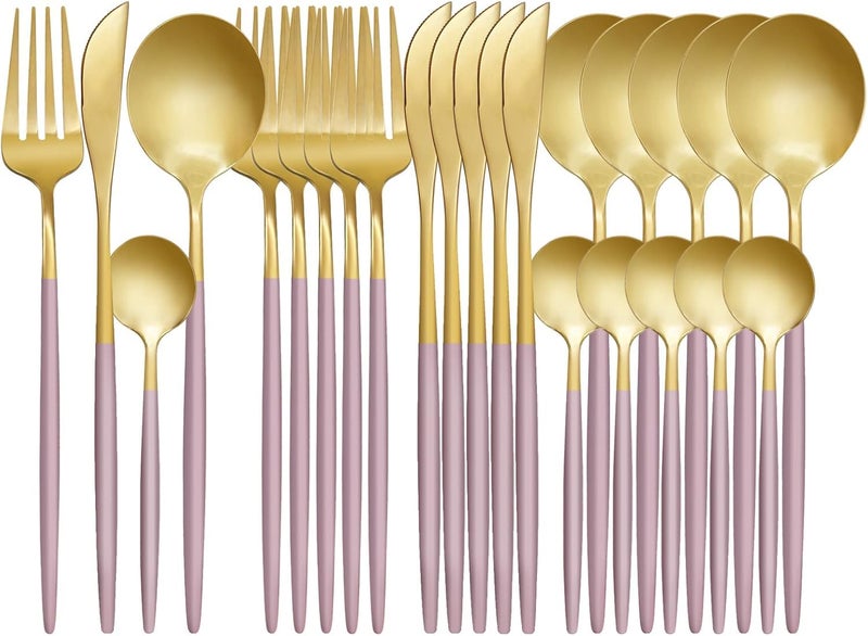 Luxurious Gold 24-Piece Cutlery Set, Stainless Steel for 6 Persons, Includes Knives, Forks and Spoons, Dishwasher Safe, With High Quality Pink Rubber Coating (Pink) - Image 1