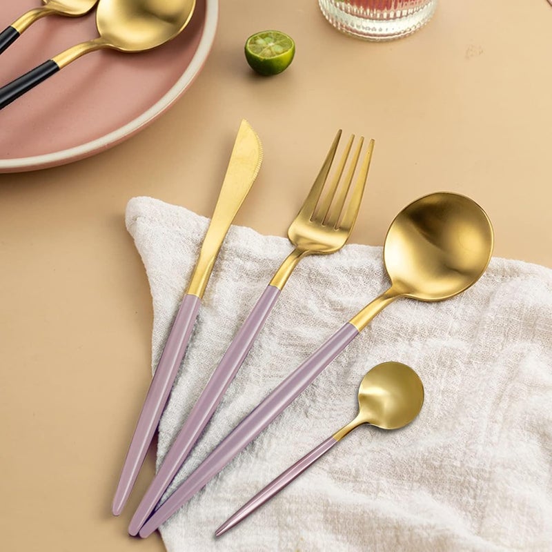 Luxurious Gold 24-Piece Cutlery Set, Stainless Steel for 6 Persons, Includes Knives, Forks and Spoons, Dishwasher Safe, With High Quality Pink Rubber Coating (Pink) - Image 3
