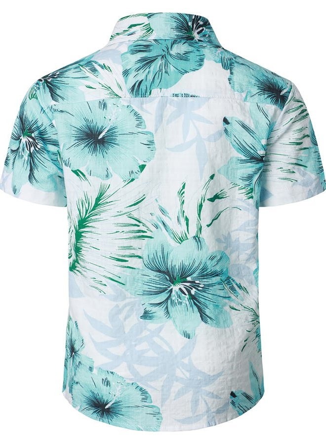 JOGAL Big Boy's Floral Casual Button Down Short Sleeve Hawaiian Shirt, Pale Blue, 9-10 Years - Image 3
