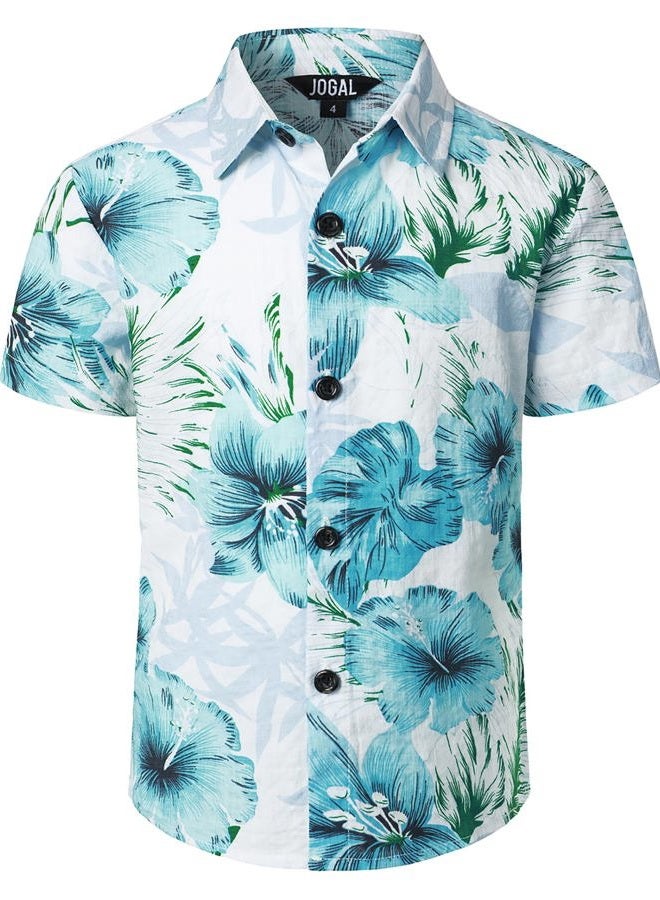JOGAL Big Boy's Floral Casual Button Down Short Sleeve Hawaiian Shirt, Pale Blue, 9-10 Years - Image 1