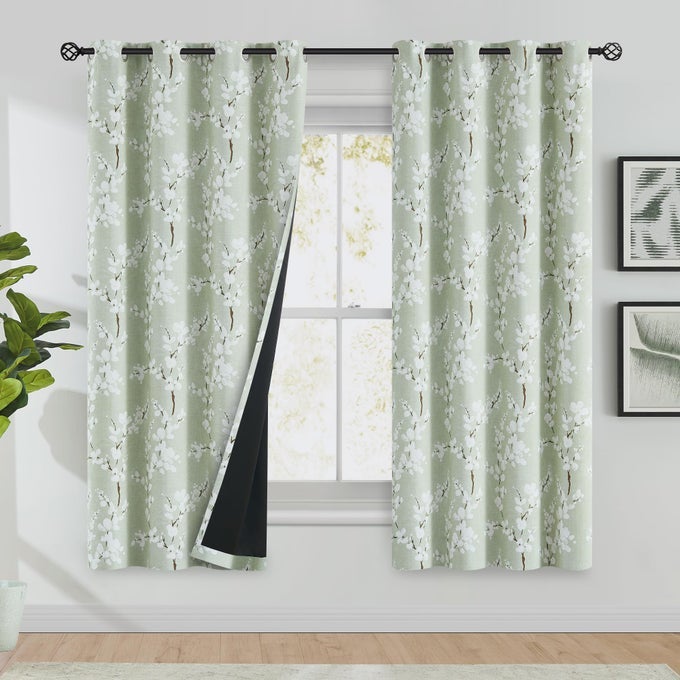 100 BLACKOUT FLORAL CURTAINS FOR BEDROOM SAGE GREEN CURTAINS 63 INCH LENGTH BLOSSOM PATTERNED FOR LIVING ROOM THERMAL INSULATED FARMHOUSE DRAPES GROMMET TOP 2 PANELS WHITE ON GREEN