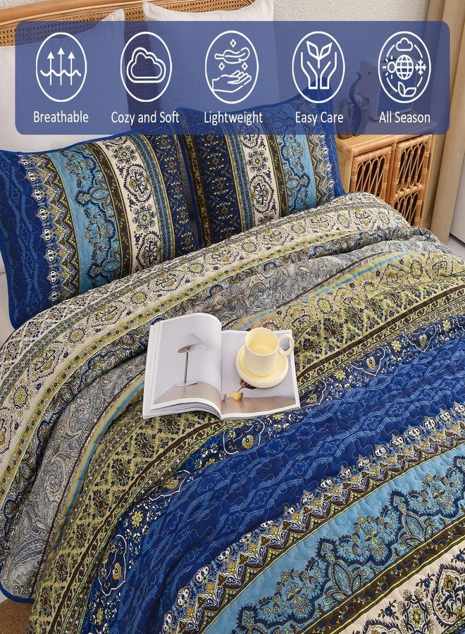 WONGS BEDDING طقم لحاف بوهيمي من WONGS BEDDING، مقاس كوين، طقم غطاء سرير مخطط بوهيمي مع غطاءين للوسائد، طقم لحاف أزرق بني لغرفة نوم ريفية (كوين، 96 بوصة × 90 بوصة). - Image 4
