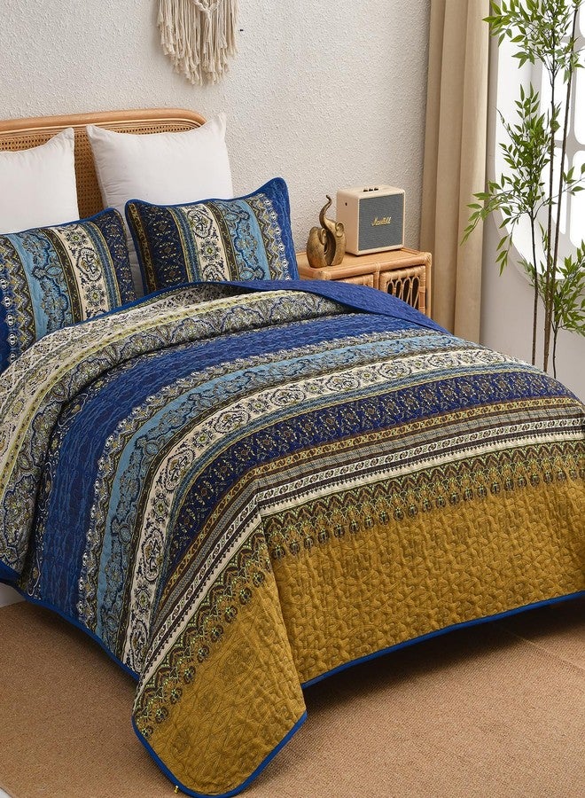 WONGS BEDDING طقم لحاف بوهيمي من WONGS BEDDING، مقاس كوين، طقم غطاء سرير مخطط بوهيمي مع غطاءين للوسائد، طقم لحاف أزرق بني لغرفة نوم ريفية (كوين، 96 بوصة × 90 بوصة). - Image 2