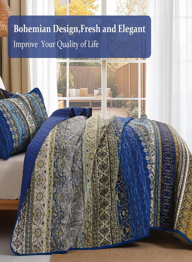 WONGS BEDDING طقم لحاف بوهيمي من WONGS BEDDING، مقاس كوين، طقم غطاء سرير مخطط بوهيمي مع غطاءين للوسائد، طقم لحاف أزرق بني لغرفة نوم ريفية (كوين، 96 بوصة × 90 بوصة). - Image 3