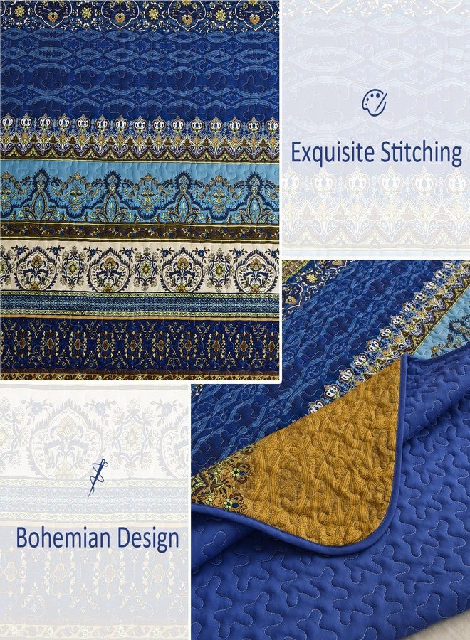 WONGS BEDDING طقم لحاف بوهيمي من WONGS BEDDING، مقاس كوين، طقم غطاء سرير مخطط بوهيمي مع غطاءين للوسائد، طقم لحاف أزرق بني لغرفة نوم ريفية (كوين، 96 بوصة × 90 بوصة). - Image 5
