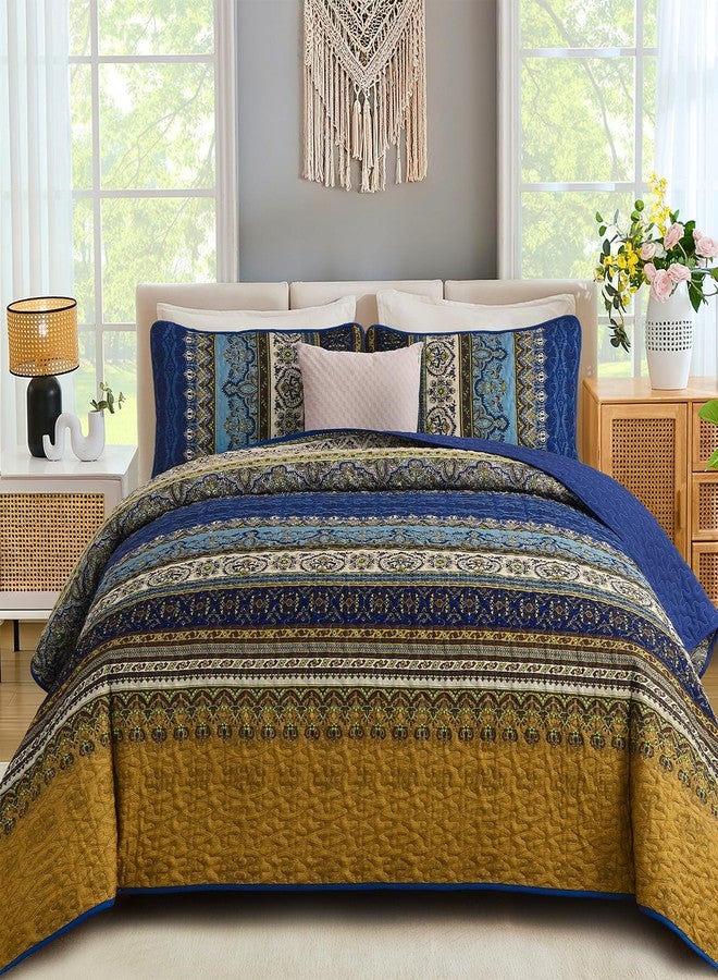 WONGS BEDDING طقم لحاف بوهيمي من WONGS BEDDING، مقاس كوين، طقم غطاء سرير مخطط بوهيمي مع غطاءين للوسائد، طقم لحاف أزرق بني لغرفة نوم ريفية (كوين، 96 بوصة × 90 بوصة). - Image 1