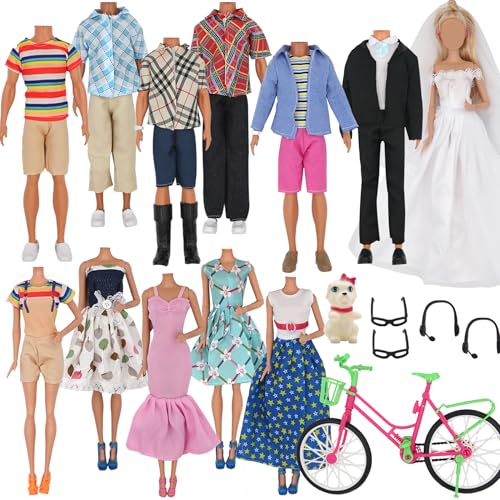 ZTWEDEN 33Pcs Doll Clothes and Accessories for 12 Inch Boy and GirlDoll, Includes 20 Wear Clothes Shirt Jeans Suit and Wedding Dresses, Glasses Earphones Dog and Bike for 12'' Boydoll Girldoll - Image 1