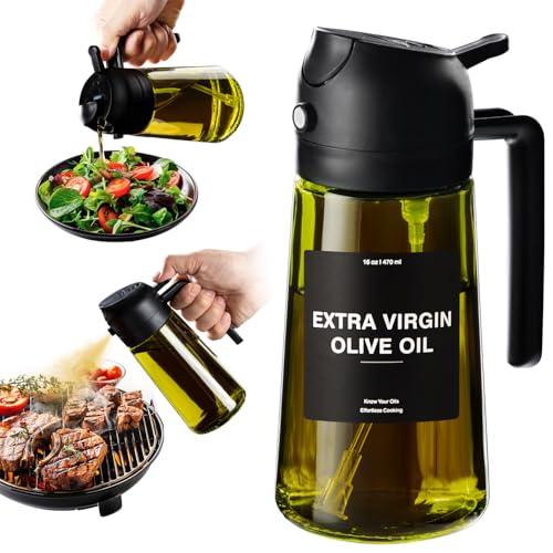 CXINYI - 16oz/470ml Olive Oil Dispenser for Kitchen with Stickers - 2 in 1 Olive Oil Sprayer for Cooking, Air Fryer, and Salad, Black (Light-Proof Kitchen Gadget) - Image 1