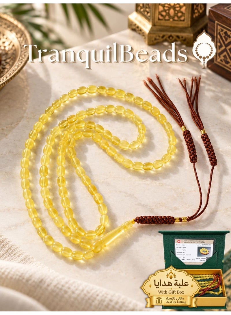 TranquilBeads Natural Baltic Amber Tasbih with Certificate, 99 Beads Opaque Honey Amber Misbaha with Handmade Woven Tassel & Gift Box, Gift for Ramadan, Eid, Hajj & Umrah - Image 1