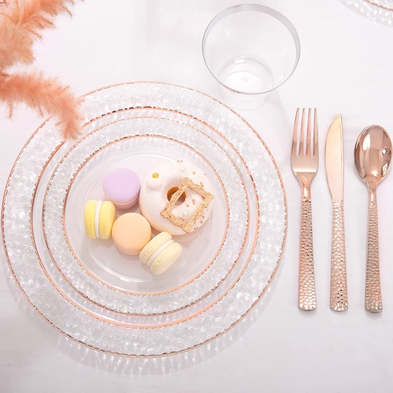 Ciaell 150PCS Rose Gold Plastic Plates - Disposable Rose Gold Plates with Rose Gold Plastic Silverware include 50Plates  25Forks  25Knives  25Spoons  25Cups for Wedding & Party & Valentine's Day - Image 2
