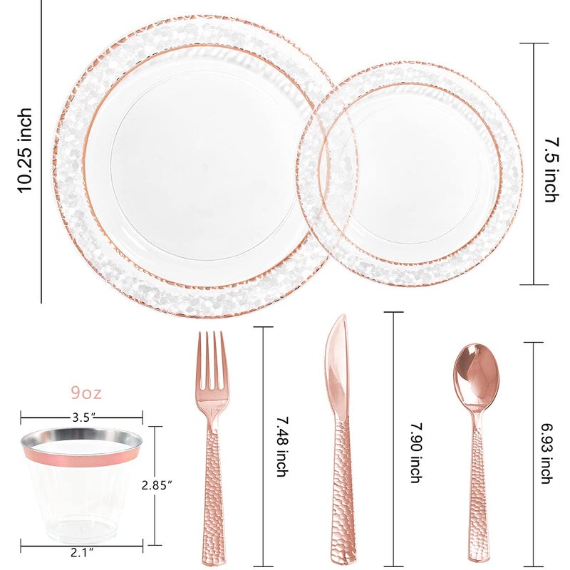 Ciaell 150PCS Rose Gold Plastic Plates - Disposable Rose Gold Plates with Rose Gold Plastic Silverware include 50Plates  25Forks  25Knives  25Spoons  25Cups for Wedding & Party & Valentine's Day - Image 3