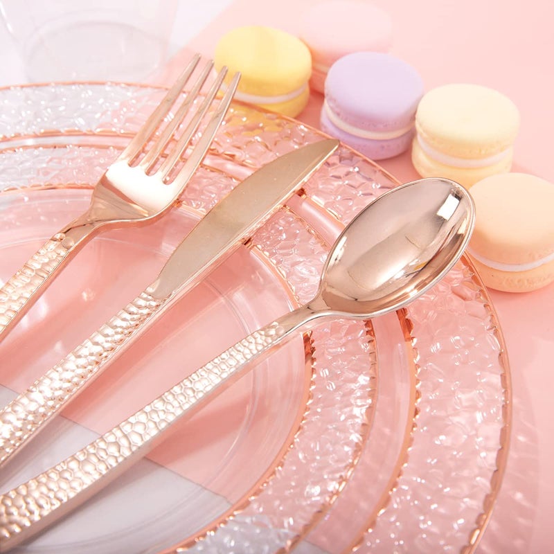 Ciaell 150PCS Rose Gold Plastic Plates - Disposable Rose Gold Plates with Rose Gold Plastic Silverware include 50Plates  25Forks  25Knives  25Spoons  25Cups for Wedding & Party & Valentine's Day - Image 5
