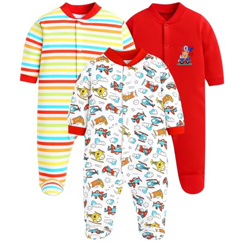 EIO 100% Cotton Sleep Romper Sleepsuits Jumpsuit Night Suits for Infants Newborn Baby Boys & Girls Pack of 3 (0-3 Months, Yellow) (0-3 Months, Red) - Image 1