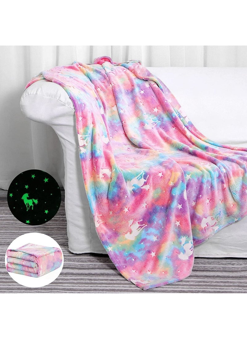 LEDIN Glow in The Dark Throw Blanket Luminous Unicorns Blanket for Boys Girls Super Soft Fuzzy Plush Flannel Furry Fleece Blanket Perfect for Bed or Sofa Personalized Kids Gifts(Rainbow 50"x60")  - Image 1