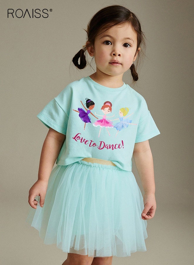 roaiss Girls Adorable T-shirt and Tulle Skirt Set, Stylish Summer Outfit with Cartoon T-shirt and Tutu Skirt, 2 Piece Comortable Clothing Set for Little Girls, Suitable for Daily Wear or Any Occasion - Image 2