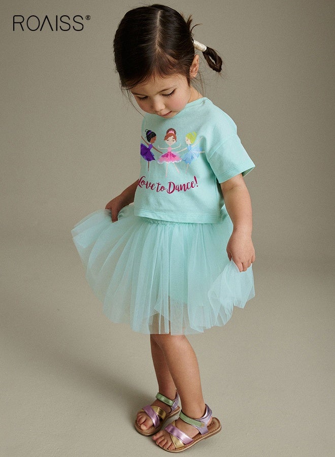 roaiss Girls Adorable T-shirt and Tulle Skirt Set, Stylish Summer Outfit with Cartoon T-shirt and Tutu Skirt, 2 Piece Comortable Clothing Set for Little Girls, Suitable for Daily Wear or Any Occasion - Image 4