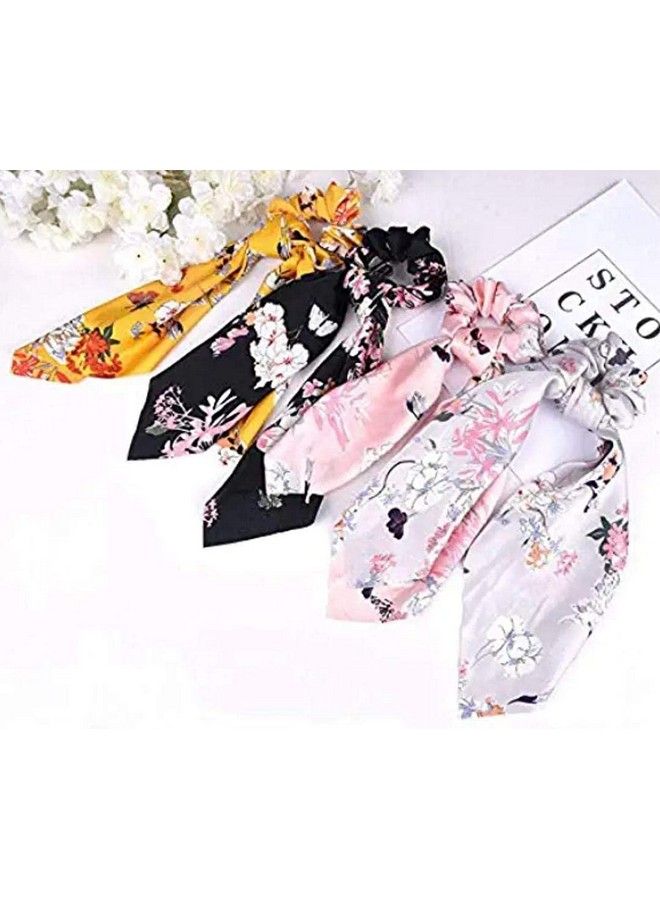 BB2 Big Box 4 Piece Scarf Elastic Floral Printed Ponytail Scarf Bow Hair Rope Ties Scrunchies Ribbon Bands  - Image 5