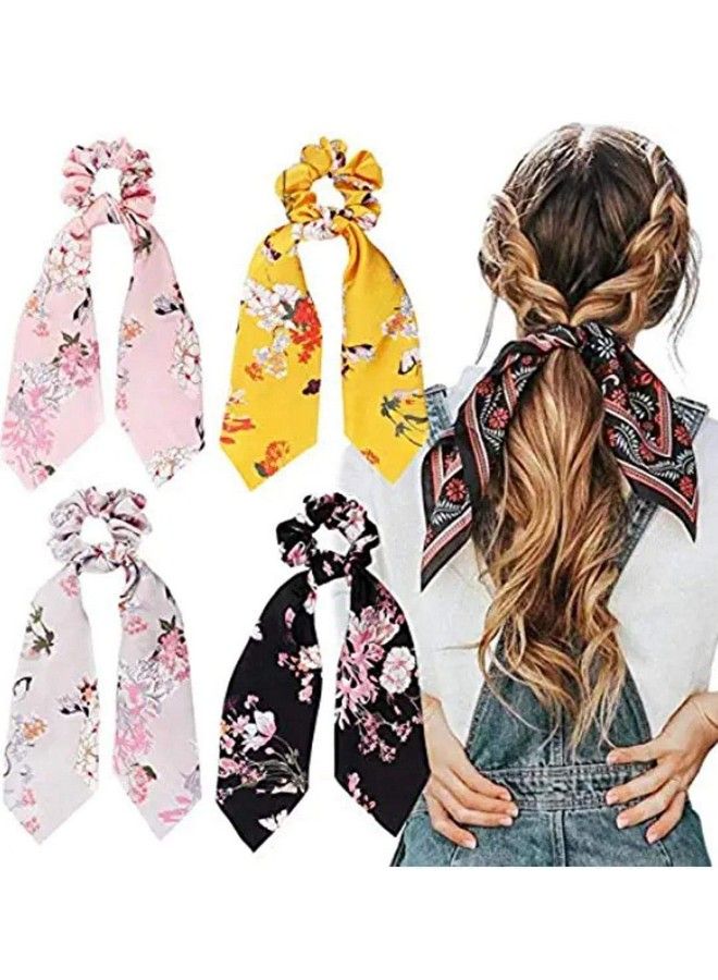 BB2 Big Box 4 Piece Scarf Elastic Floral Printed Ponytail Scarf Bow Hair Rope Ties Scrunchies Ribbon Bands  - Image 2