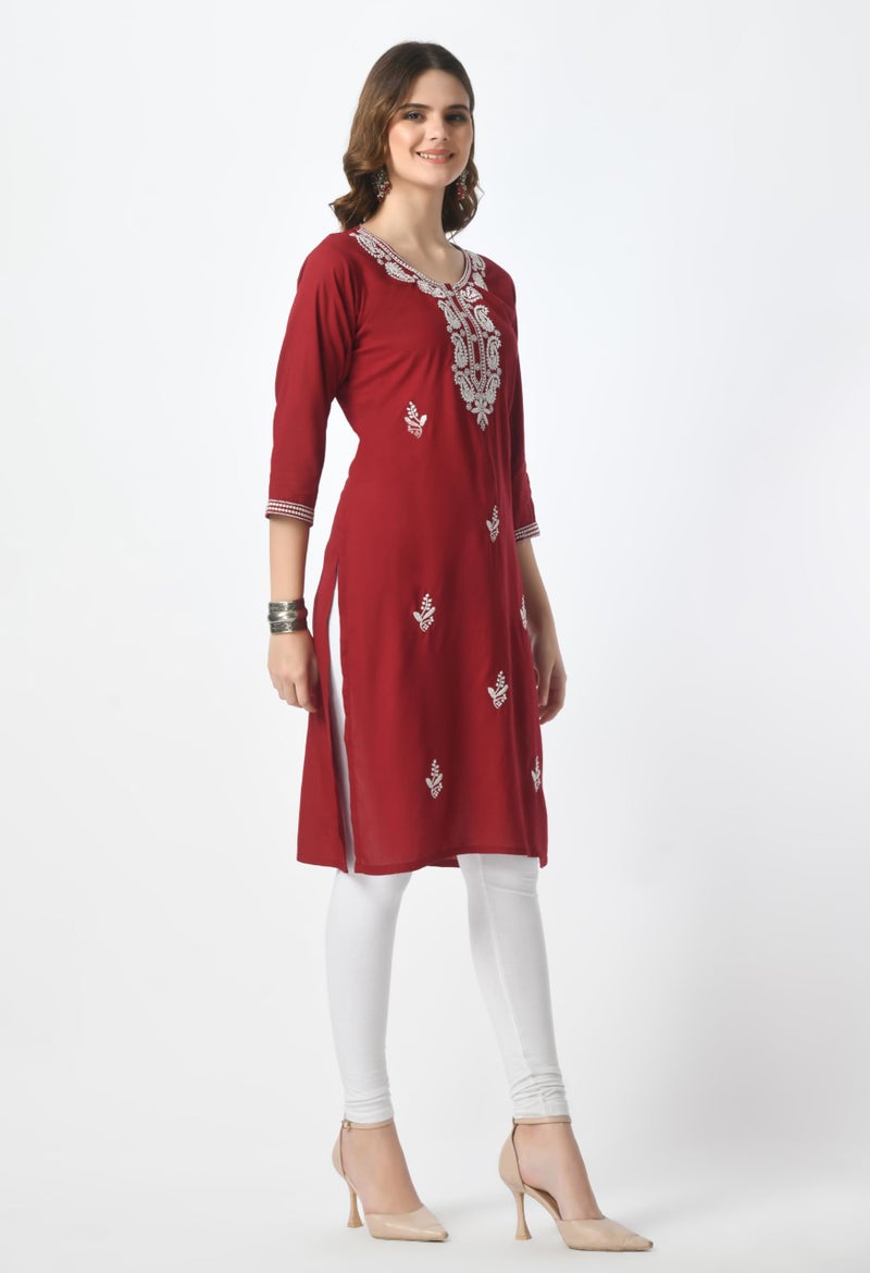 LIBOZA Store LIBOZA Kurta for Women – Lakhnowi Chikankari Embroidered Ladies Kurti, Stylish Girls Top, Ethnic Full Kurtas, Straight Design Kurtis for Woman - Image 3