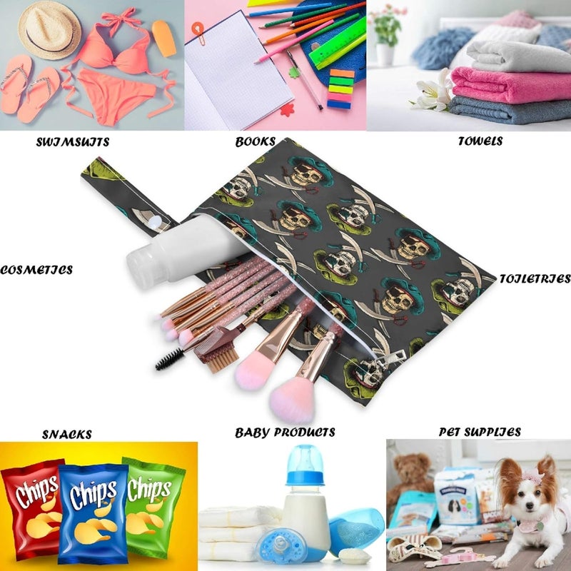 visesunny Vintage Pirate Skull Print 2Pcs Wet Bag with Zippered Pockets Washable Reusable Roomy for TravelBeachPoolDaycareStrollerDiapersDirty Gym Clothes Wet Swimsuits Toiletries - Image 4