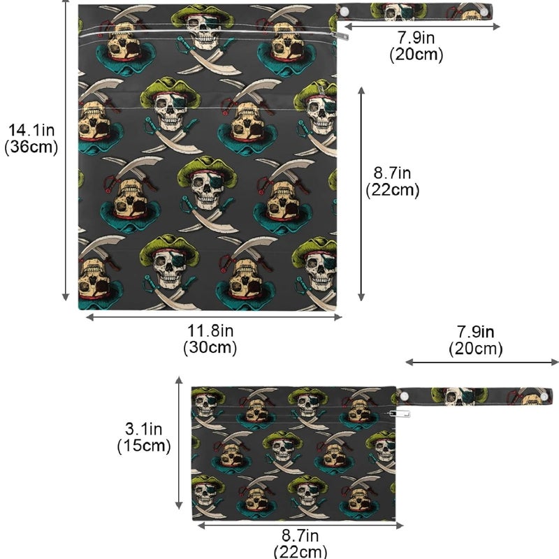 visesunny Vintage Pirate Skull Print 2Pcs Wet Bag with Zippered Pockets Washable Reusable Roomy for TravelBeachPoolDaycareStrollerDiapersDirty Gym Clothes Wet Swimsuits Toiletries - Image 3