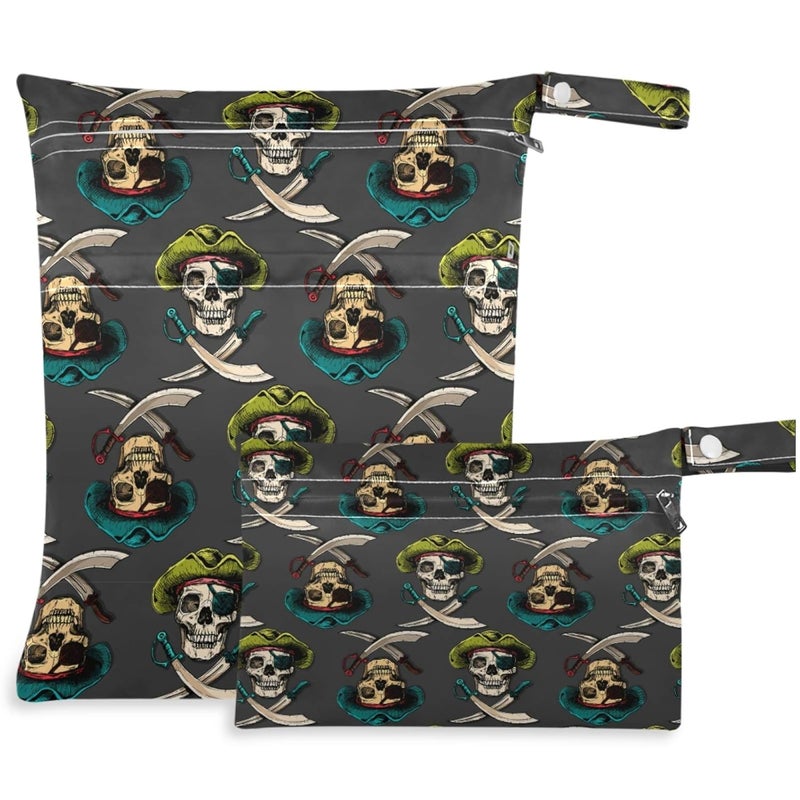 visesunny Vintage Pirate Skull Print 2Pcs Wet Bag with Zippered Pockets Washable Reusable Roomy for TravelBeachPoolDaycareStrollerDiapersDirty Gym Clothes Wet Swimsuits Toiletries - Image 1