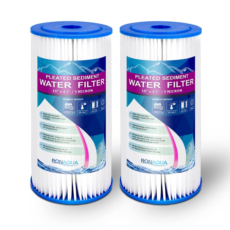 Big 10 x 45 inches Pleated Washable  Reusable Sediment Filter 5 Micron Amplified Surface Area Removes Sand Dirt Silt Rust Extended Filter Life for 10 Big Housing Set of 2