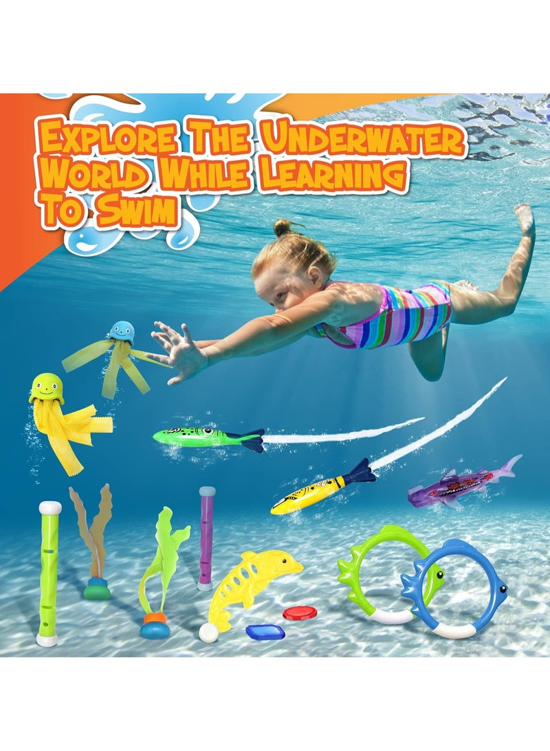 VUCATIN 30 Pcs Diving Toys Swimming Pool Toys for Kids Ages 7+ with a Storage Net Bag Pool Dive Toys for Kids Pool Games Swim Summer Water Toys Include Diving Sticks & Pool Rings - Image 2