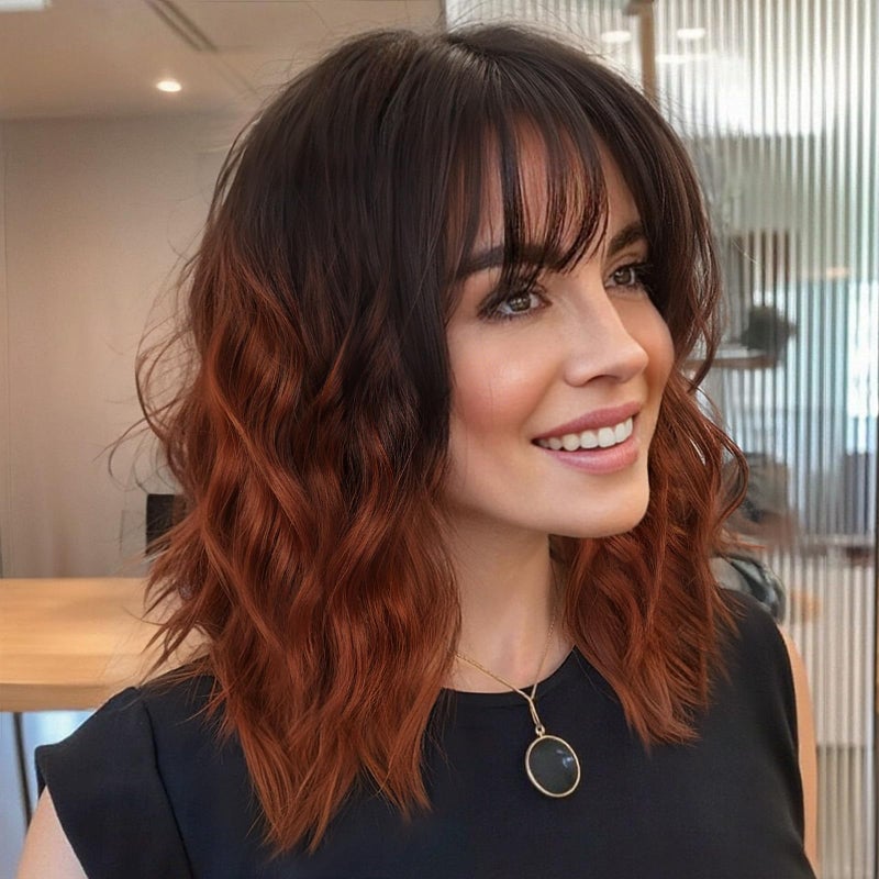 Nnzes Ombre Auburn Wig with Bangs for Women Shoulder Length Brown Bob Wavy Charming Synthetic Wigs with Natural Curly Heat Resistant Hair for Daily Party Use - Image 2