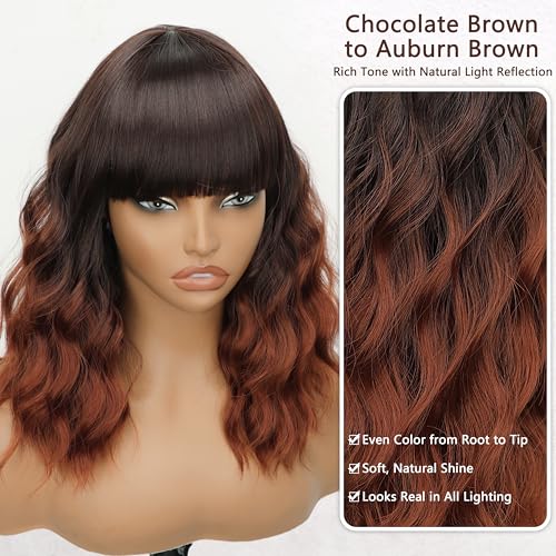Nnzes Ombre Auburn Wig with Bangs for Women Shoulder Length Brown Bob Wavy Charming Synthetic Wigs with Natural Curly Heat Resistant Hair for Daily Party Use - Image 3