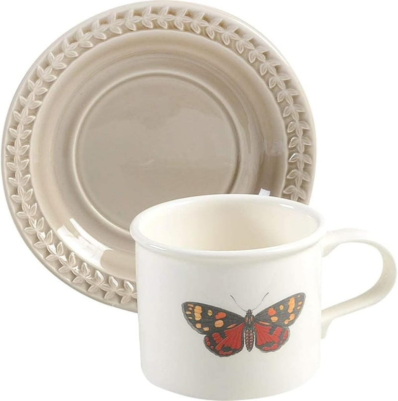 Portmeirion Portmeirion Botanic Garden Harmony 9oz Breakfast Cup  Saucer Red Butterfly Motif  Embossed Saucer  Fine Earthenware for Afternoon Tea  Coffee Dishwasher  Microwave Safe Stone 