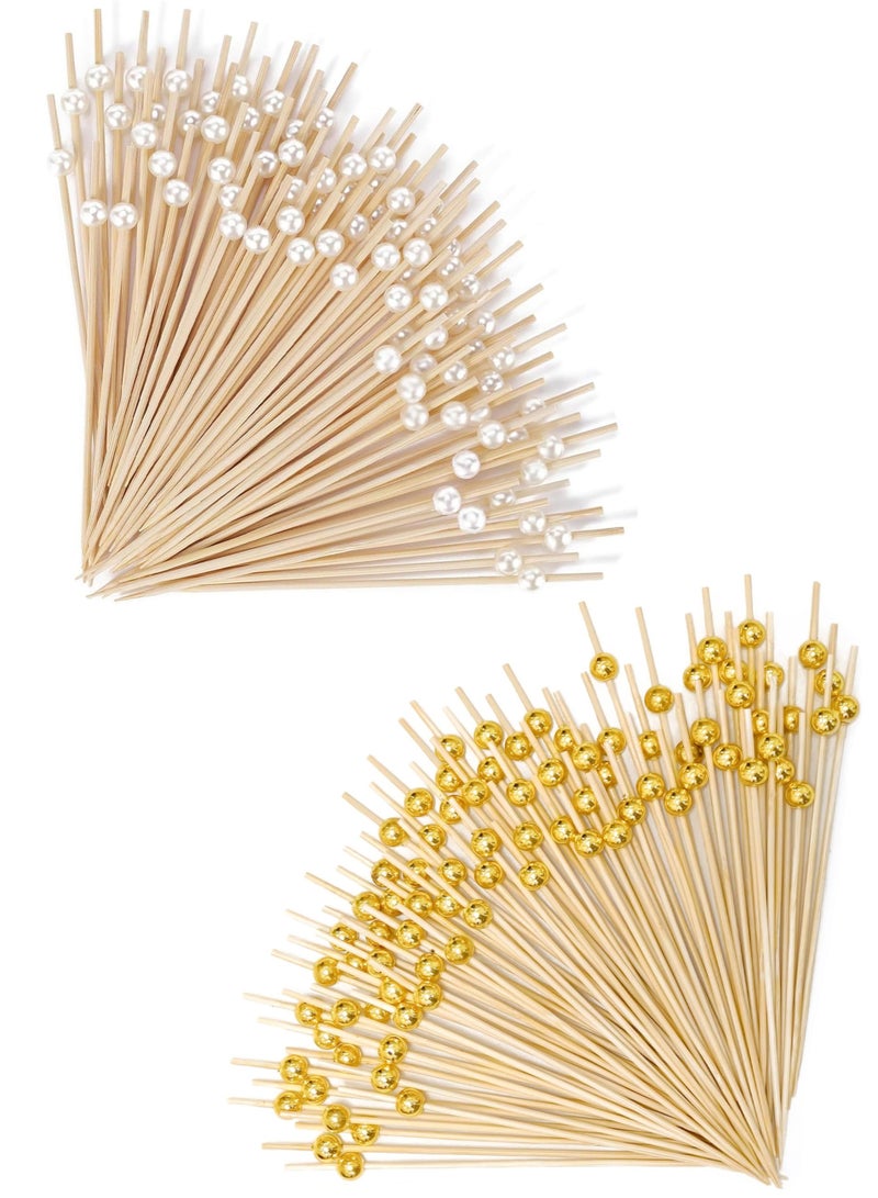 100 Gold and Pearl Bamboo Skewers, Disposable Eco-Friendly Picks for Fruit Platters, Beverage Decoration, Weddings, Banquets and Parties - Image 1
