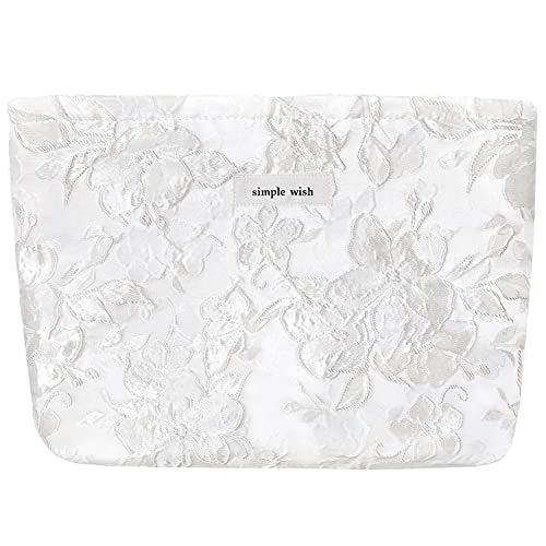 STARDW Aesthetic Floral Makeup Bag Cute Small Cosmetic Bags for Women Girls, Travel Toiletry Bag Large Capacity Zipper Makeup Pouch, Purse Organizer Pouches (Embossed white) - Image 1