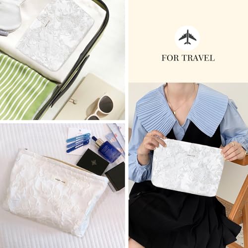 STARDW Aesthetic Floral Makeup Bag Cute Small Cosmetic Bags for Women Girls, Travel Toiletry Bag Large Capacity Zipper Makeup Pouch, Purse Organizer Pouches (Embossed white) - Image 5