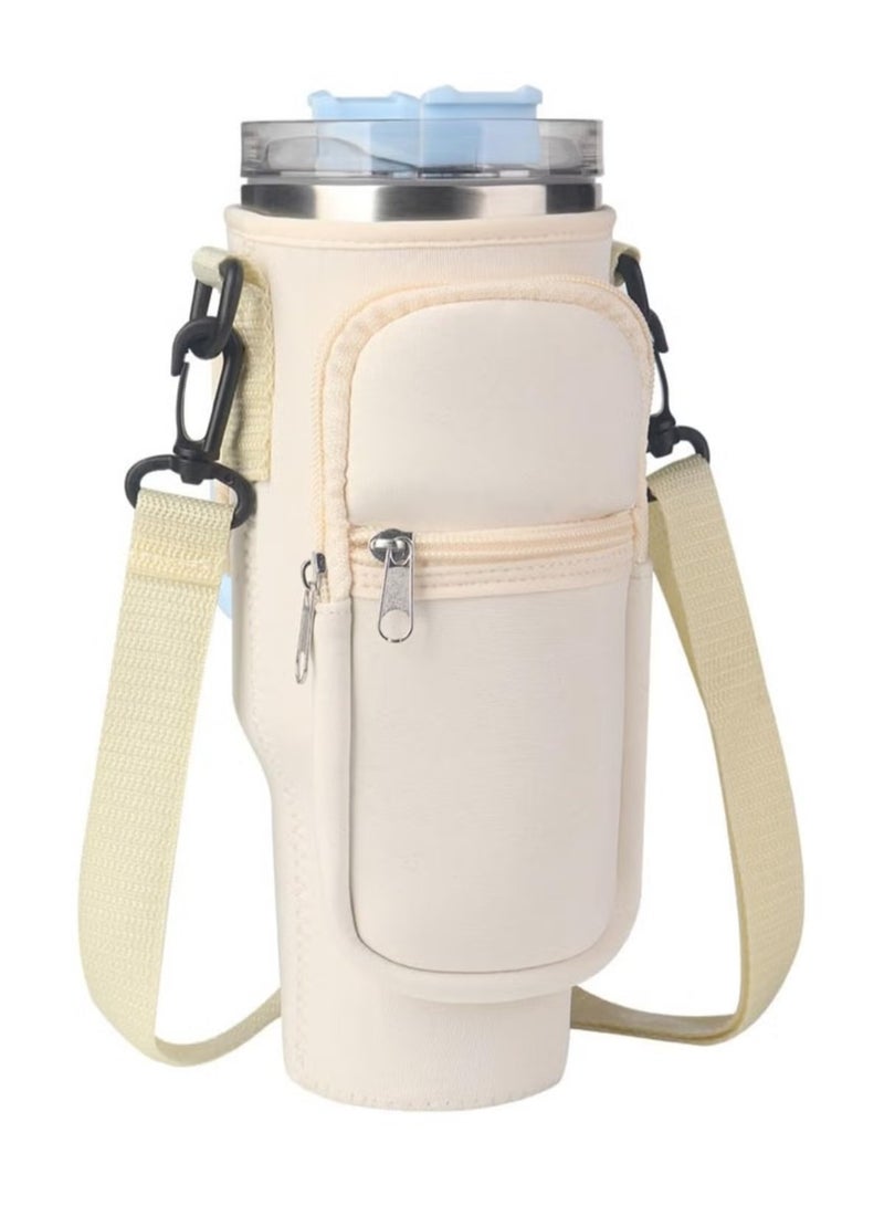 Water Bottle Carrier Bag for Stanley 40oz Tumbler, Water Bottle Holder with Pouch and Adjustable Strap, Sleeve Accessories with Pocket for 40oz Cup (White) - Image 1