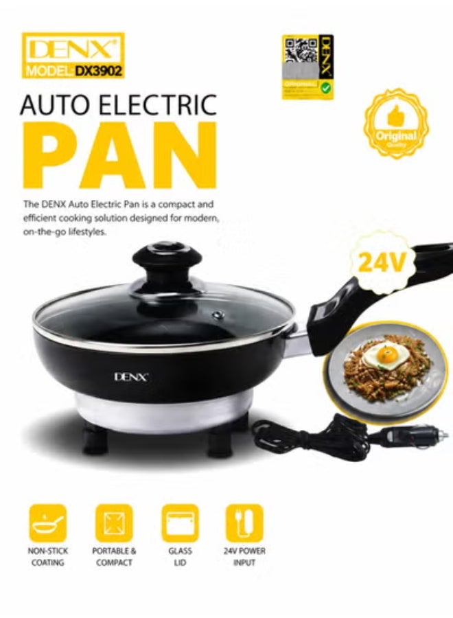 DENX 24V Auto Electric Pan with Glass Lid - Portable Non-Stick Cooking Pan for Car Travel, Camping & Outdoor Cooking - Model DX3902 - Image 1