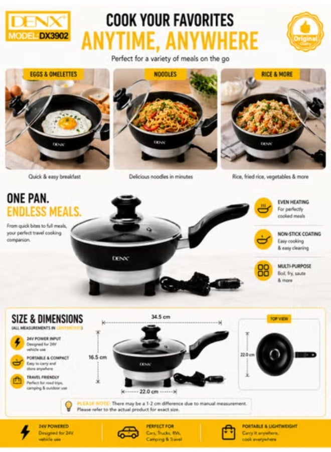 DENX 24V Auto Electric Pan with Glass Lid - Portable Non-Stick Cooking Pan for Car Travel, Camping & Outdoor Cooking - Model DX3902 - Image 3
