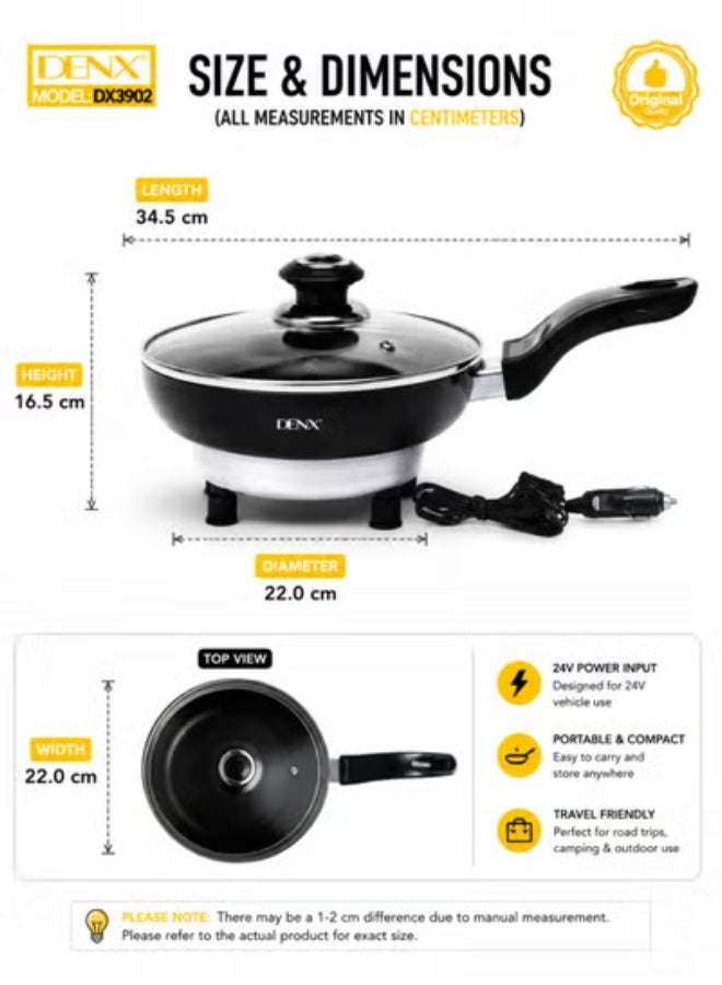 DENX 24V Auto Electric Pan with Glass Lid - Portable Non-Stick Cooking Pan for Car Travel, Camping & Outdoor Cooking - Model DX3902 - Image 4