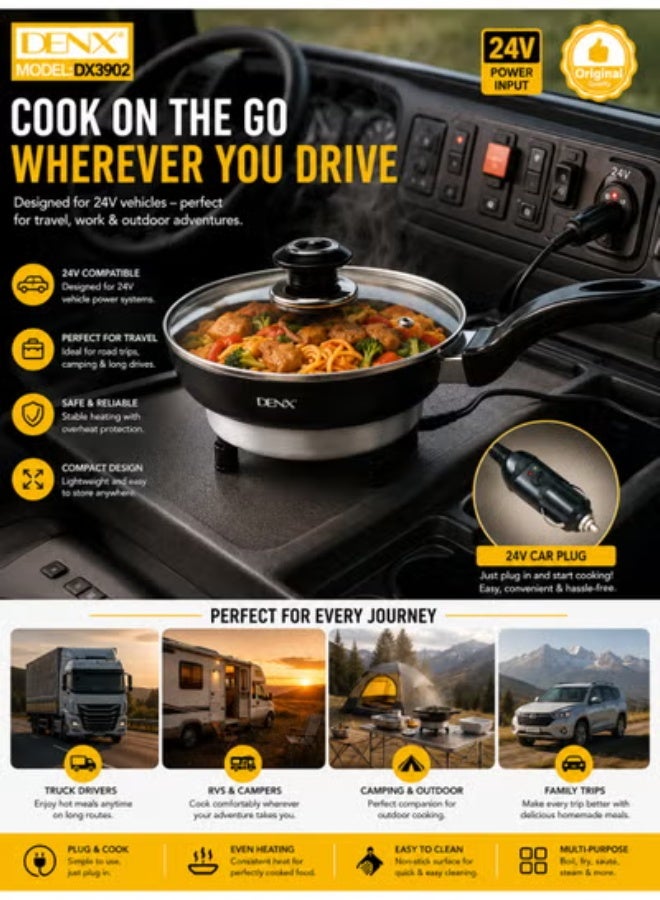DENX 24V Auto Electric Pan with Glass Lid - Portable Non-Stick Cooking Pan for Car Travel, Camping & Outdoor Cooking - Model DX3902 - Image 2