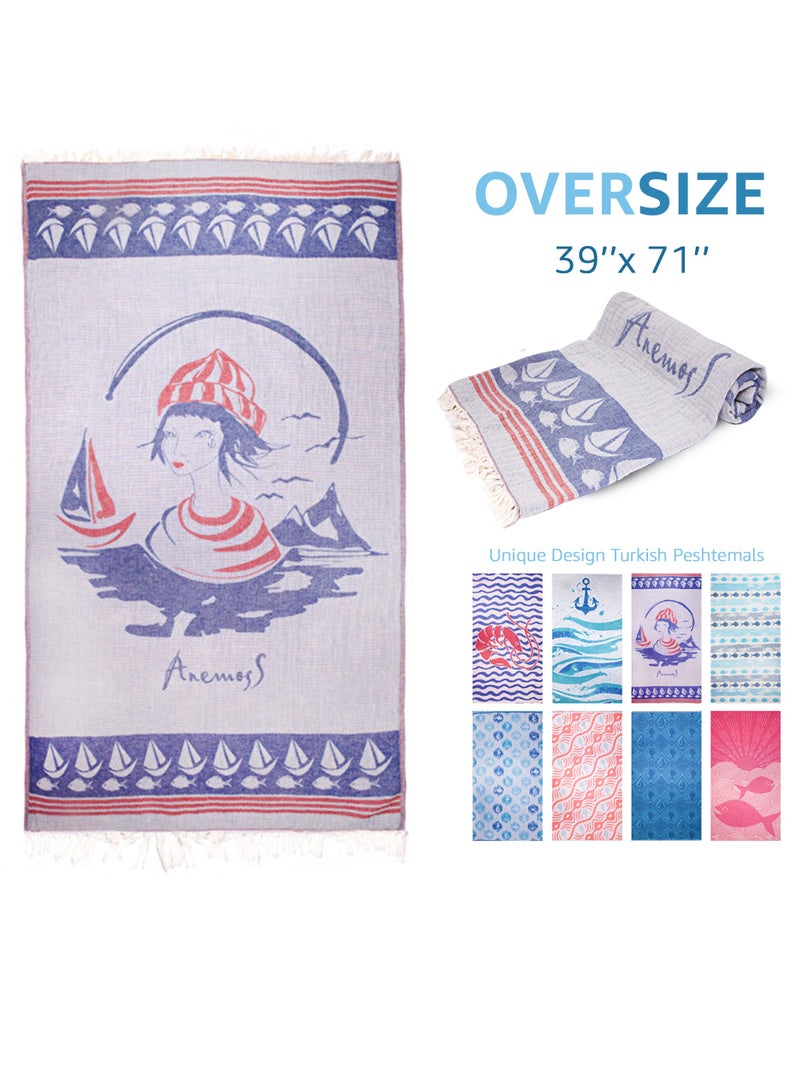 Anemoss Turkish Peshtemal Bath Towel, Large Size 100x180cm, Sailor Girl Pattern Design, 100% Cotton Soft & Quick Dry Material, Versatile Use for Beach, Pool and Bath, Peshtemal Bath Towel - Image 1